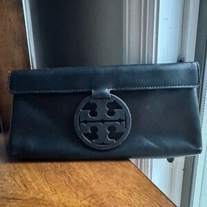 Tory Burch Black Leather Clutch with Logo